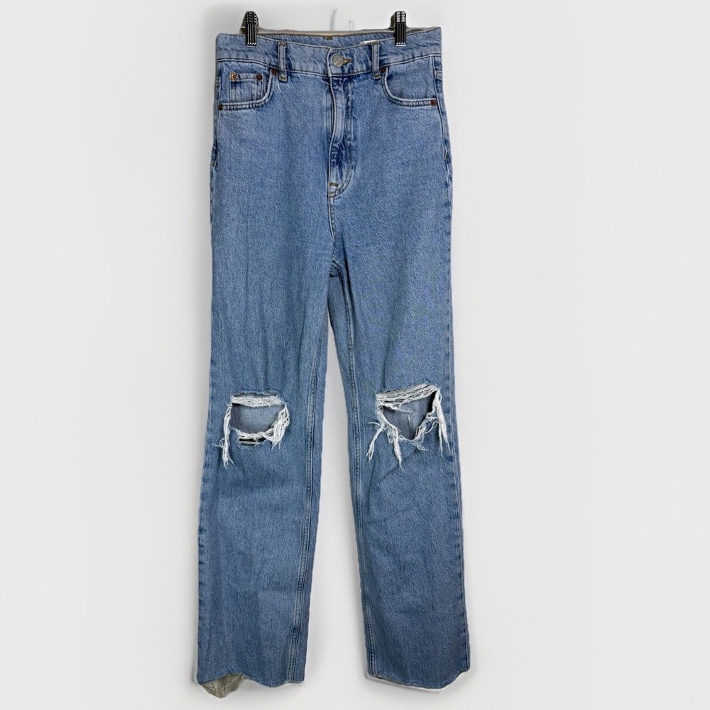 Review Never Established Women 27 Wide Leg Jeans Distressed High Rise Blue Denim